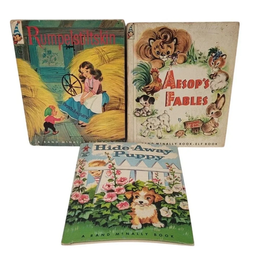 3 Vintage 1950s Tip Top Elf Hide-Away Puppy Rumpelstiltskin Aesop Kids Books